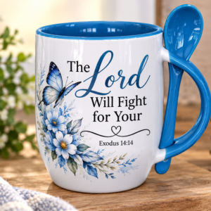 White & Blue mug wit spoon - "The Lord will fight for you "
