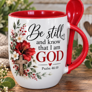 Red & white mug wit spoon - "Be still and know that I am GOD "