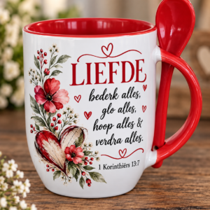 Red & white mug wit spoon - "Liefde bedek alles "